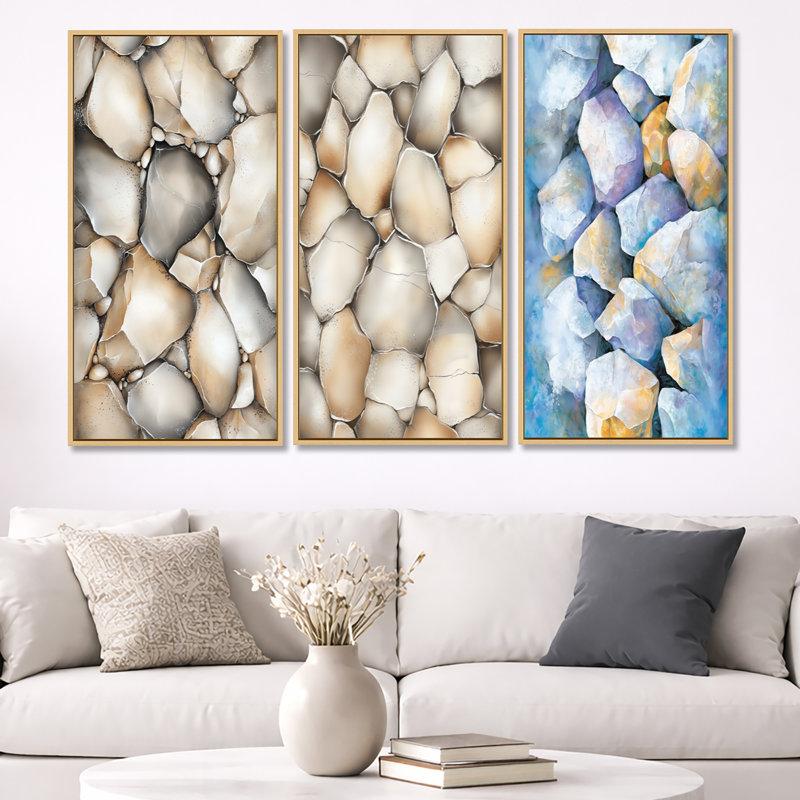 «Gray Spiritual Essence in Stone - Rocks», art mural encadré 3 pièces, Natural Wood Floater Framed, 32" H x 48" W