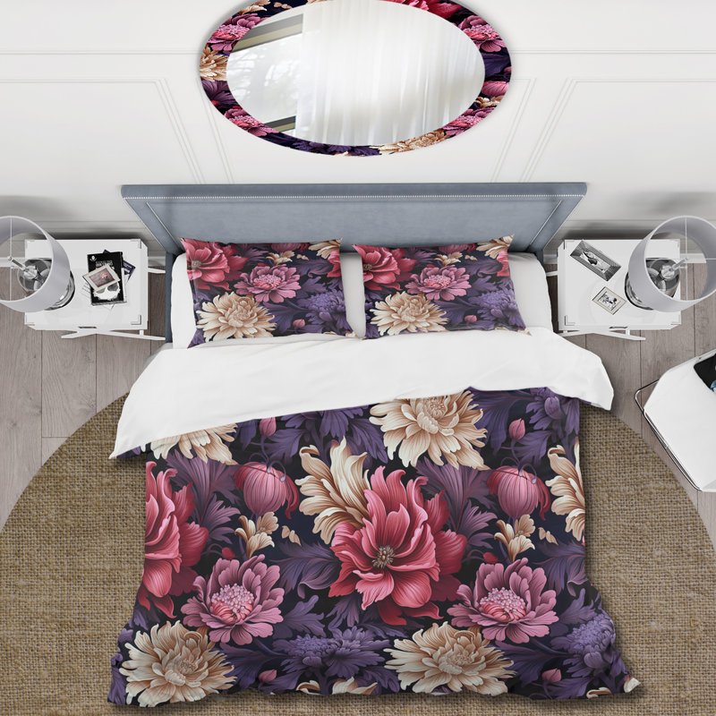 Ensemble de housse de couette damas rose et mauve, Housse de couette pour très grand lit et 2 très