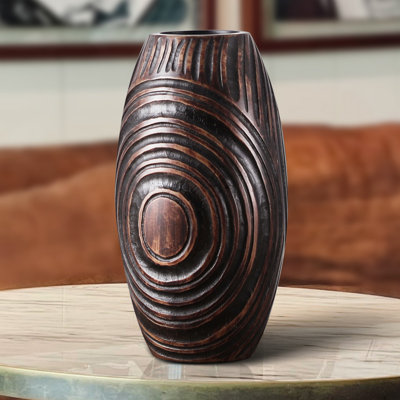 Rustic Resin Decorative Vase, Dark Brown Hand-Carved Concentric Circle Wood Grain Textured Vase, Modern Farmhouse Home Accent for Living Room Table Centerpiece, Entryway Console, Shelf & Mantel Display