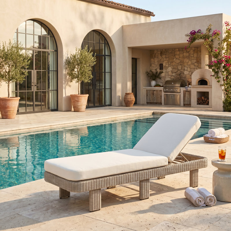 Chaise longue d'extérieur en oléfine crème et osier Audiel, Cream