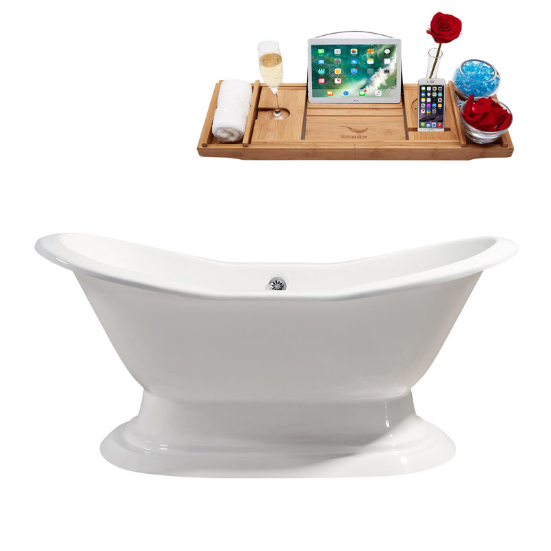 Baignoire de trempage autoportante 72 po avec plateau en bambou Streamline, Chrome poli