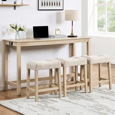 Table de bar 4 pièces avec prises électriques et ports, 3 tabourets rembourrés en chêne, derrière un canapé, surface en faux bois, siège confortable en chêne avec coussins de selle, bande équipée, chaises à assise souple, grain, facile