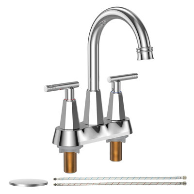 4 inch Sink Faucet for Sink 3 Hole, with Pop-up Drain and 2 Supply Hoses, Lead-Free 2-Handle Faucet