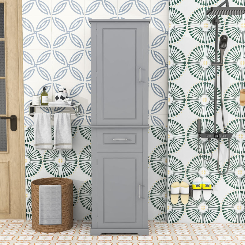 Tall Bathroom Cabinet with Adjustable Shelves, 2 Doors, Drawer and Anti-Tip Safety, Gray