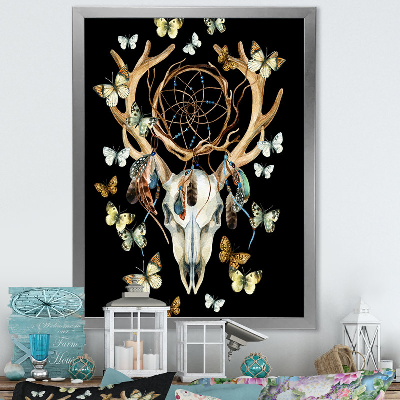 Crâne de cerf avec papillons - reproduction d'art sur toile traditionnelle, H 12 po x l 8 po x P 1 po