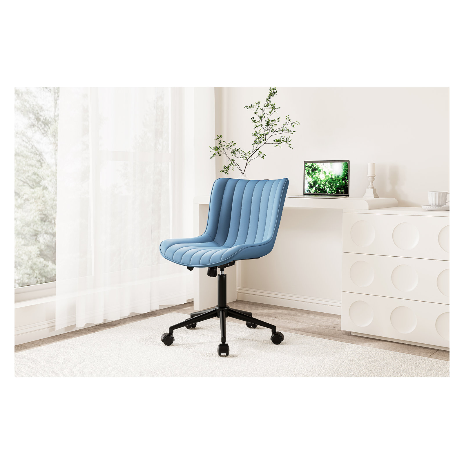 Brionni Leather Swivel Task Chair with Casters, Blue Seat/ Black Frame