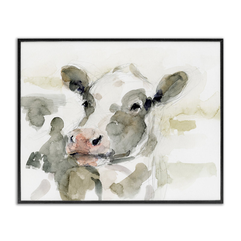 Soft Painterly Cow Grey Framed Giclee Art by Victoria Barnes, 11" H x 14" W, Midnight Black Framed Giclee