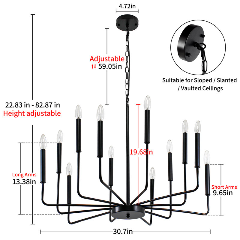 12- Light Dimmable candle Chandelier, Matte Black