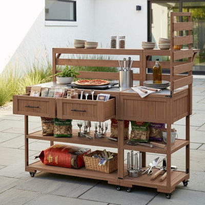 Patio Stainless Table Top Kitchen Island With Raised Shelf And Drawers