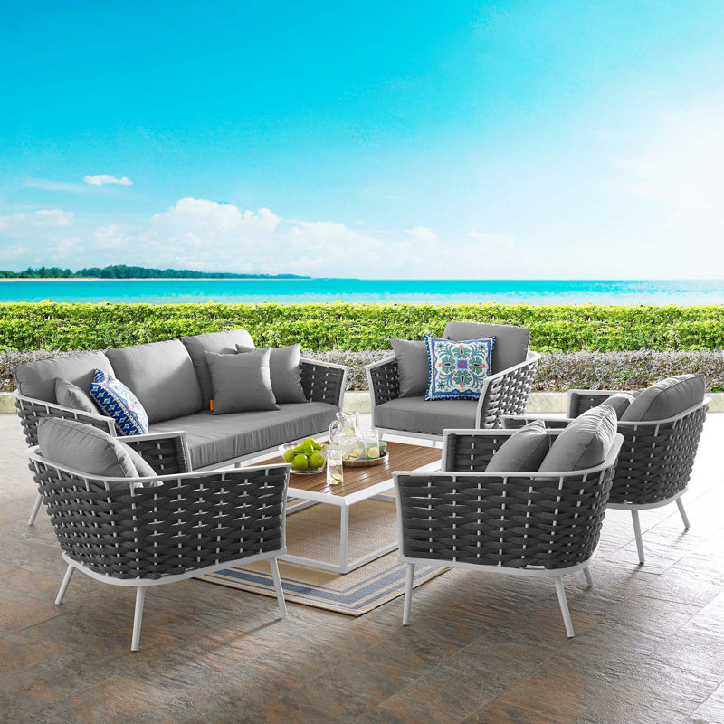 Ensemble de canapé modulaire d'extérieur en aluminium 6 pièces Stance par Modway, gris, Blanc