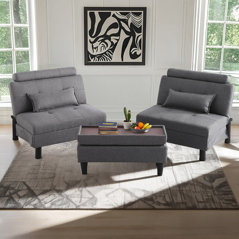 Upholstered Convertible Reclining Sleeper Sofa Bed With Versatile Ottoman, 2 Soft Pillows