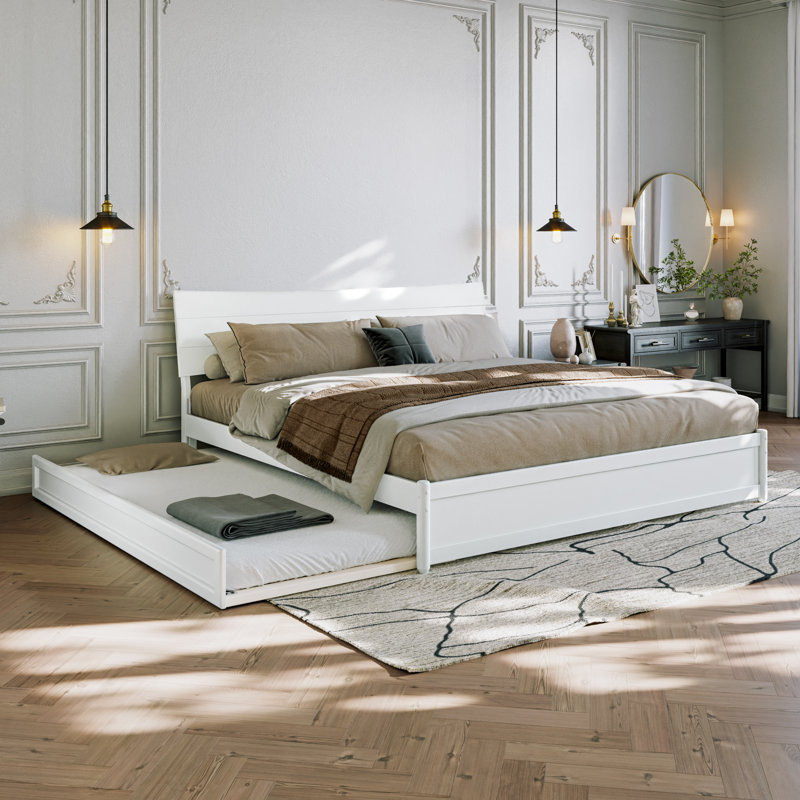 Harlowe Wood Platform Bed with Trundle, White, King