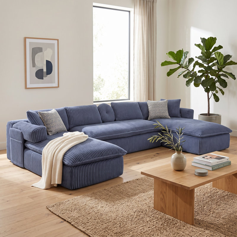 Canapé modulaire surdimensionné en velours côtelé avec poches latérales et coussins Jetta, Blue