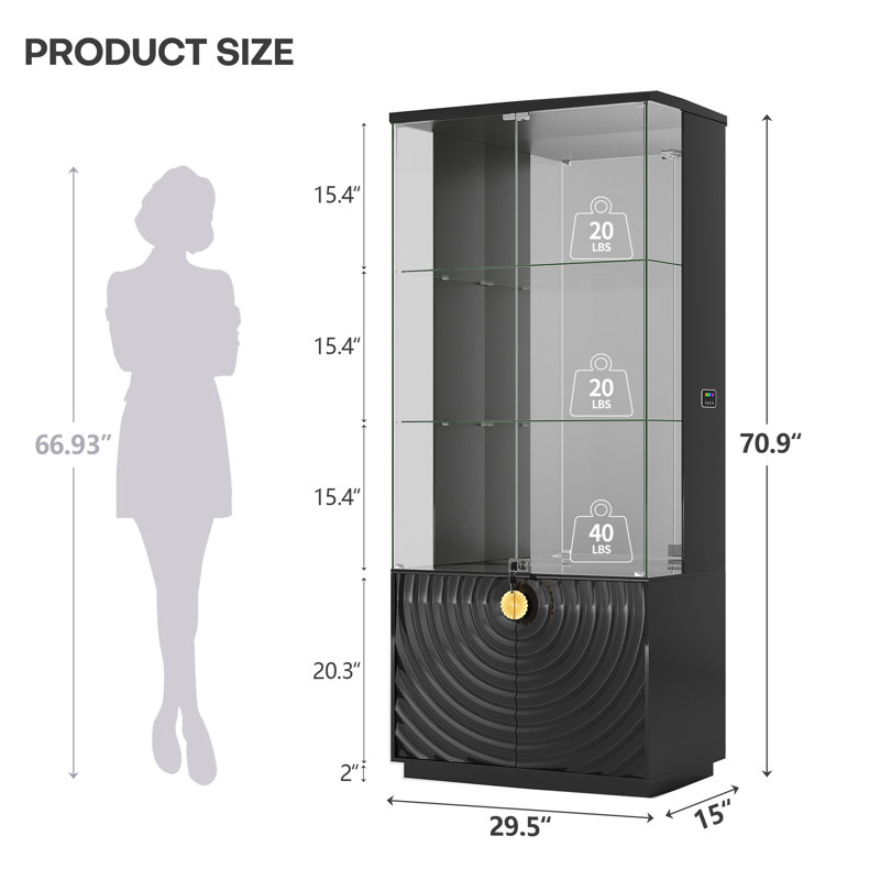 Armoire bar 71 po en verre avec éclairage à DEL RVB et capteurs de mouvement, armoire de rangement verrouillable à 3 niveaux