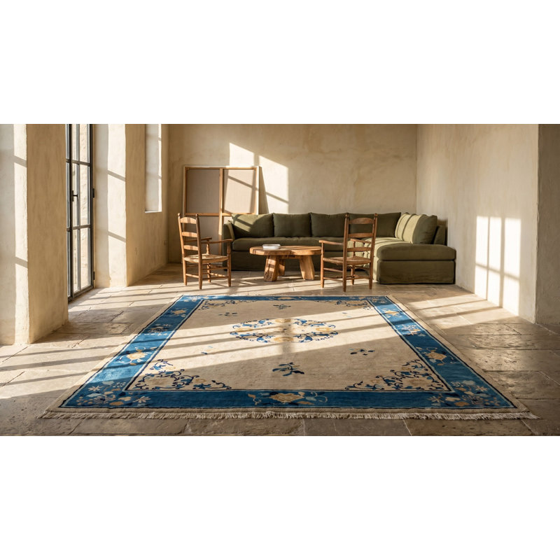 Tapis en laine noué à la main à motif floral antique ivoire beige crème et blanc