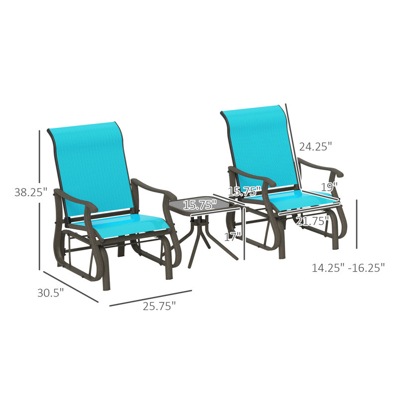 Ensemble de balançoire de patio 3 pièces avec cadre en acier et table en verre trempé, brun et bleu
