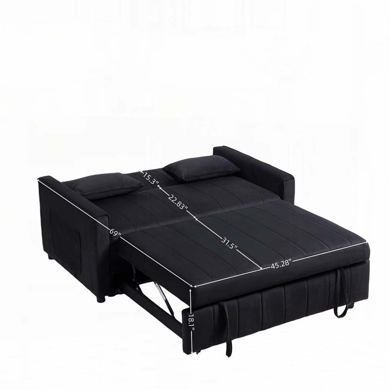 Lit escamotable en velours avec dossier ajustable et coussins, Noir