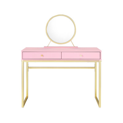 Bureau de coiffeuse rectangulaire rose et or avec poignée en cristal, structure en métal, miroir, plateau à bijoux, 2 tiroirs de rangement, structure coulissante du tiroir central, extension aux 2/3
