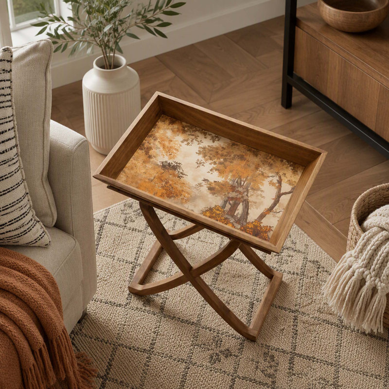 Table d'appoint pliante en bois 20,7 x 13,2 x 18,5 po, table de bout à miroir brun et doré, table d'appoint décorative portable