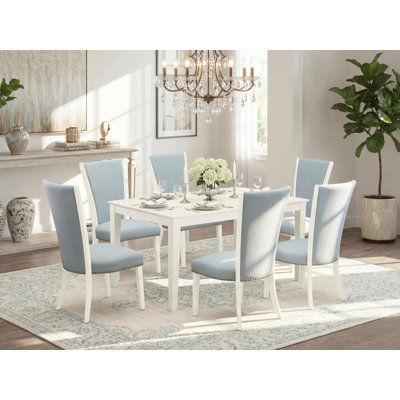 7 Piece Kitchen Table & Chairs Set Consist of a Rectangle Dining Room Table and 6 Baby Blue Linen Fabric Parsons Dining Chairs, Linen White