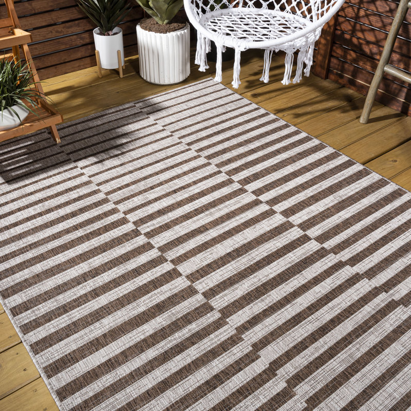 Agha Modern Offset Stripe Beige/Brown Indoor/Outdoor Rug, Rectangle 5'2" x 7'5"