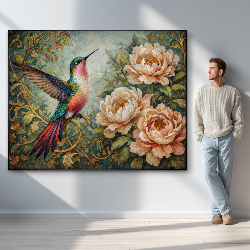 Très grand art mural imprimé sur tissu - Colibri sarcelle, jardin floral, décoration de salon bohémien - «Assemblage requis (cadre non fini)»
