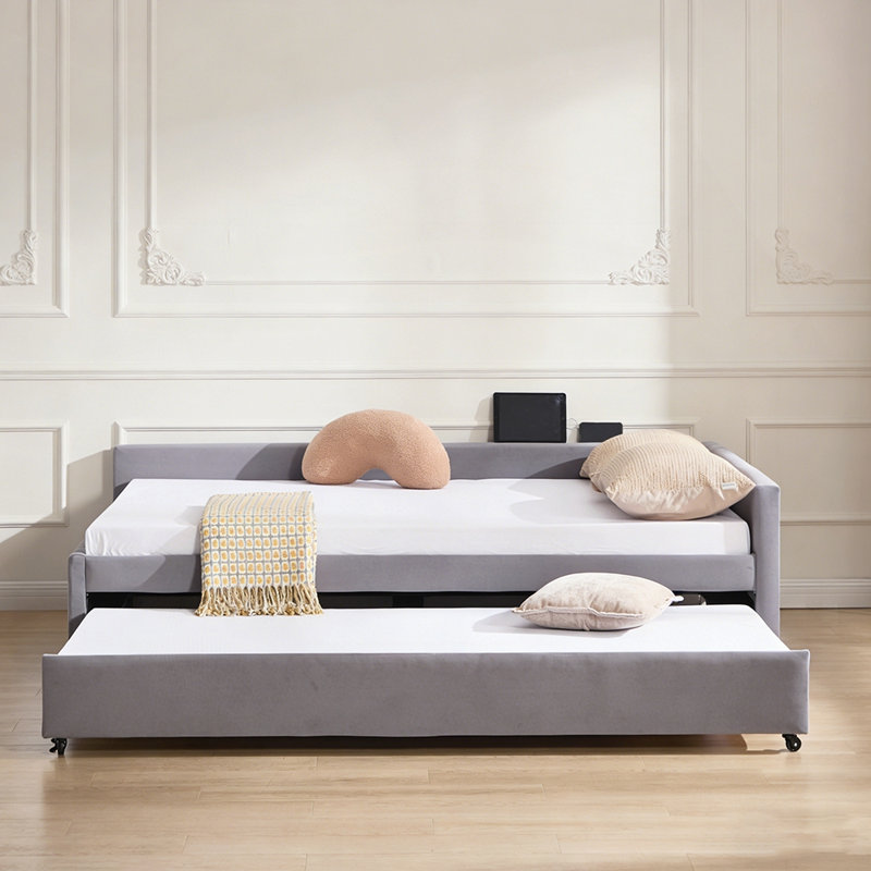 Upholstered Daybed with Trundle, Sturdy Wooden Frame, Modern Diamond Grid Design for Bedroom and Guest Room, Gray