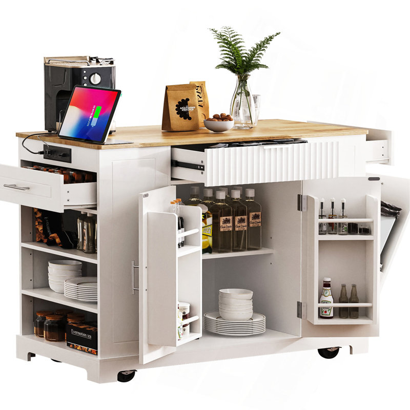 Fluted Kitchen Island With Trash Can Storage Cabinet, Power Outlet, Internal Storage Rack, Rolling Kitchen Islands On 5 Wheels With 3 Drawer, 3 Open Side Racks For 10 Gallon Garbage Bin
