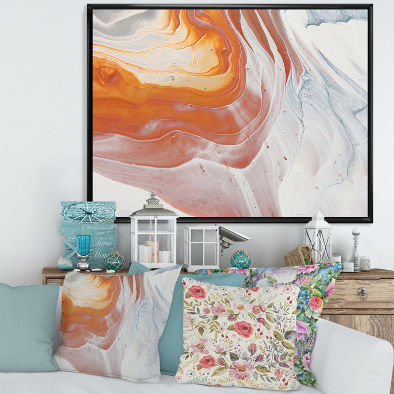 " Orange White And Grey Marble Art " Painting Print, Black Floater Frame Canvas, 12" H x 20" W