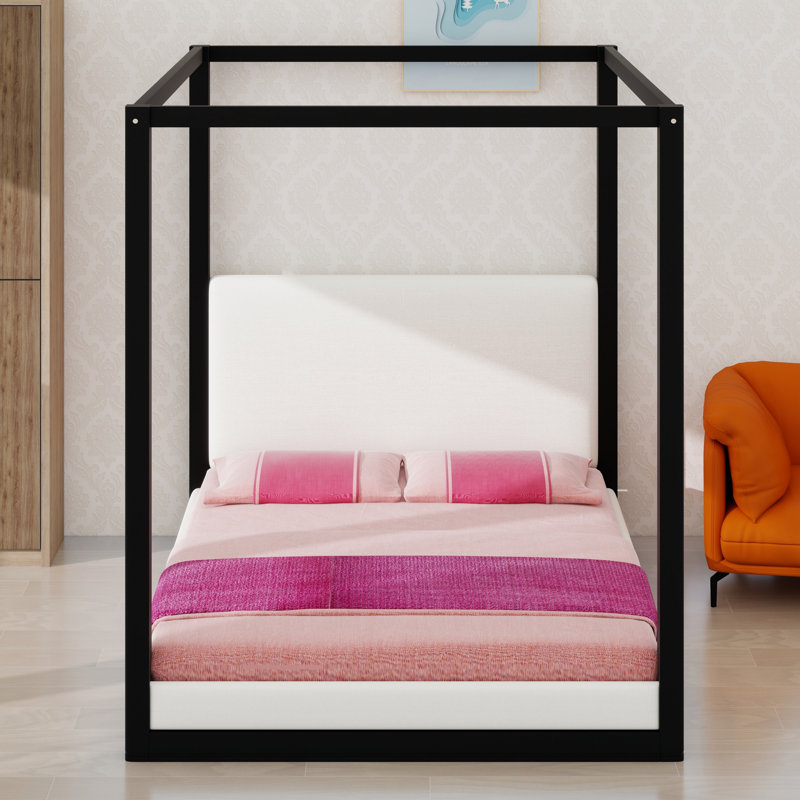 Lit plateforme à baldaquin pour chambre à coucher, tête de lit tapissier, Black Frame+White Fabric, Queen