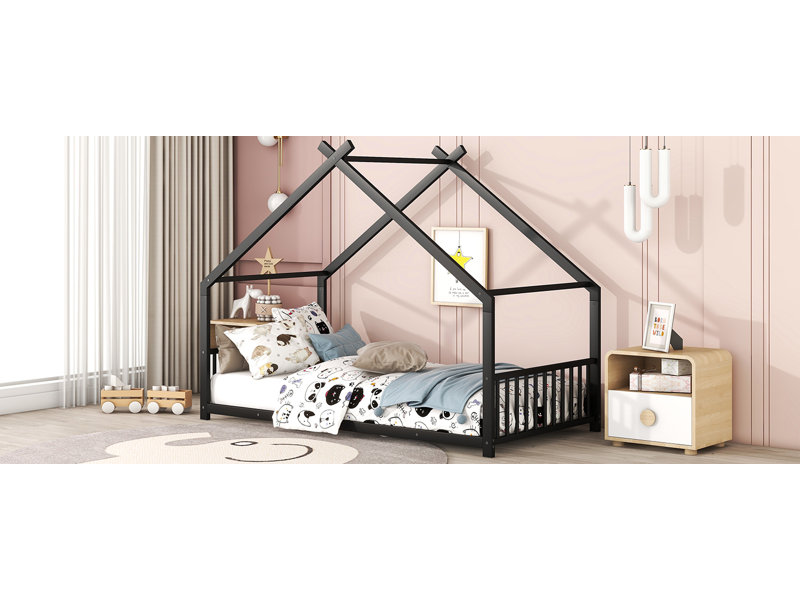 Twin Size Metal House Bed, Black, Twin