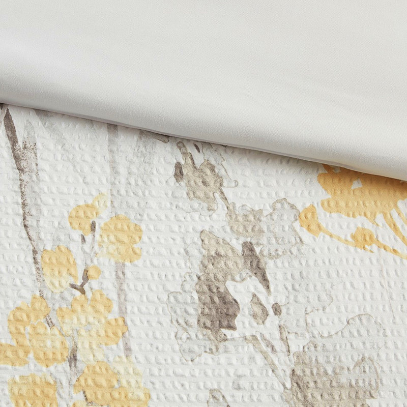 Literie en seersucker jaune, double / grand, 100%, imprimé floral, édredon double / grand, 2 taies décoratives assorties, coussins, style champêtre