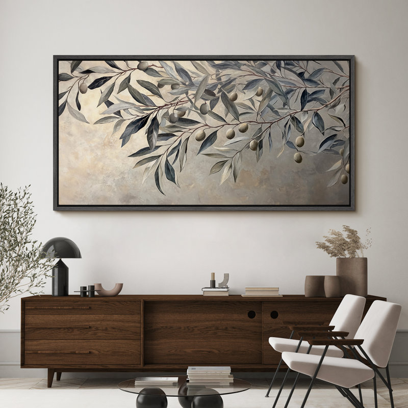 Olive Branch Botanical Large Framed Canvas Print Wall Art - Elegant Neutral Nature Decor, Black, 30" H x 60" W