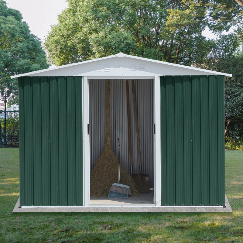 8X6 Feet Outdoor Storage Garden Shed Apex Roof Green With Aluminum Alloy Frame And Sliding Door, 72.6" H x 99.6" W x 70.4" D