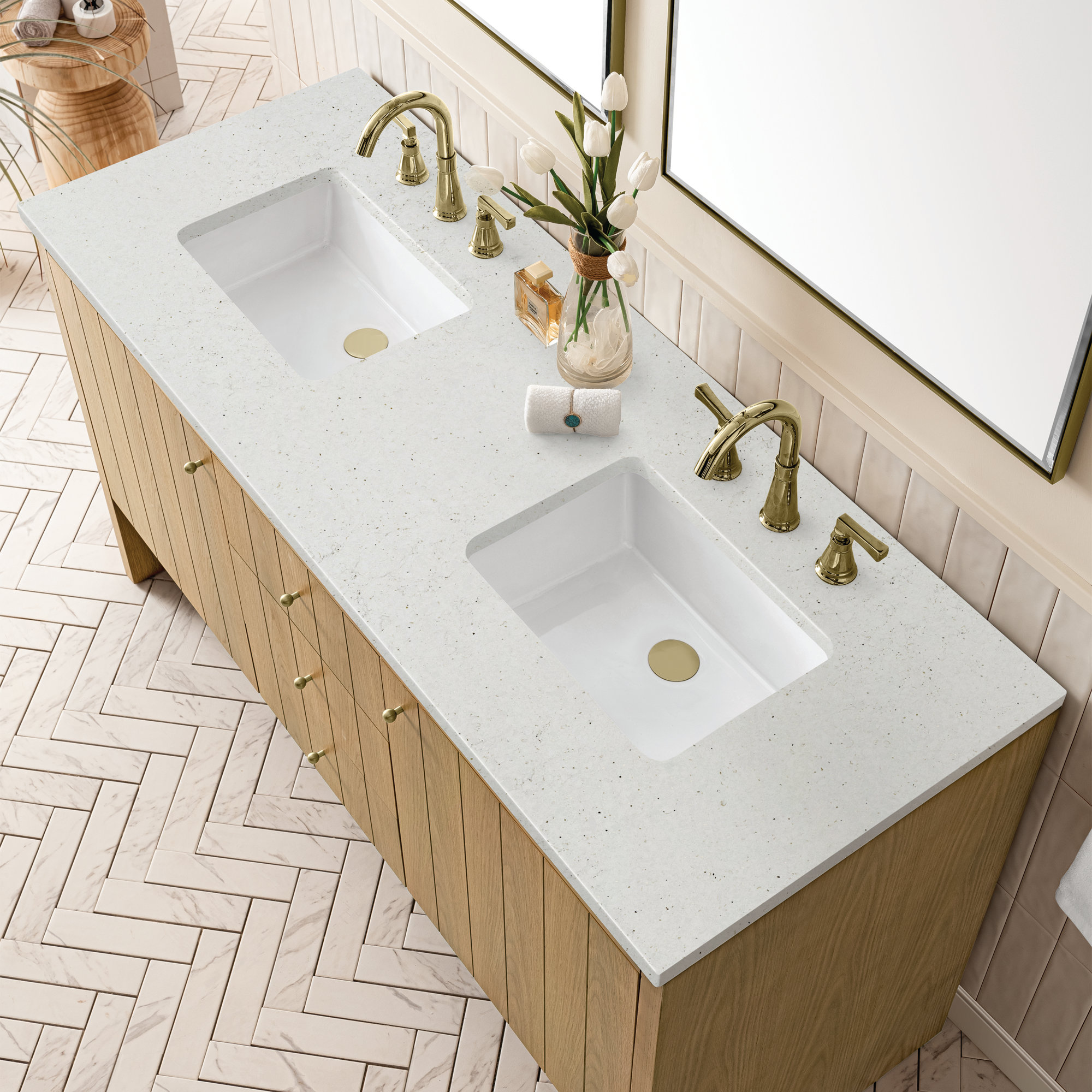 Hudson 60'' Double Bathroom Vanity, 8" Widespread, Lime Delight, Light Natural Oak