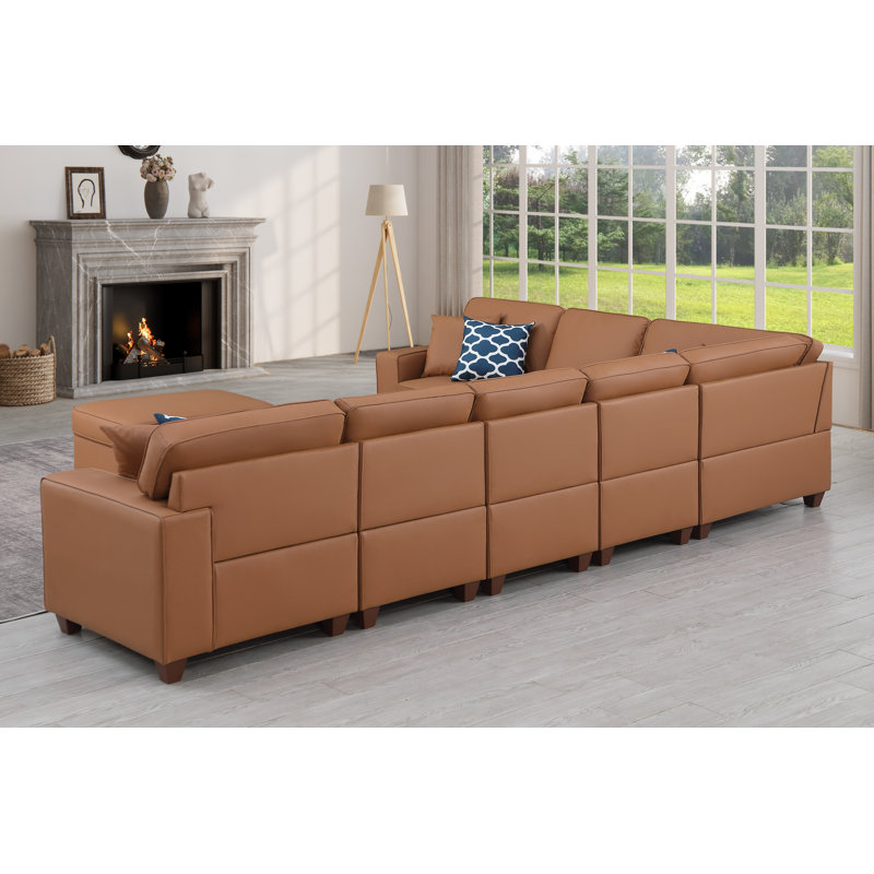 Canapé modulaire en cuir artificiel avec repose-pieds Shayle, Similicuir brun, H 35 po x l 151,25 po x P 33,25 po