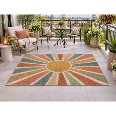 Tapis d'extérieur 152 x 213 cm, motif rétro soleil abstrait, épais, imperméable, en PVC bouclé, résistant et à séchage rapide, idéal pour terrasse, balcon, entrée, VR ou autre espace extérieur.