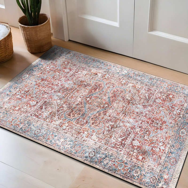 Tapis rouge / bleu lavable à la machine Kromer Medallion, Rectangulaire 2 pi x 3 pi