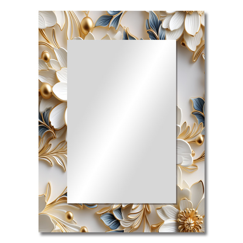 Kennedee Golden White And Blue Flowers Elegance - marble  Large Wall Mirror, Modern Unique Mirror, Printed Metal Art