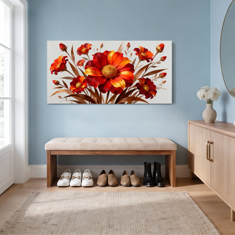 Ensemble de 1 tableau sur toile tendue à motif floral de marguerites rouges et oranges, H 24 po x l 48 po