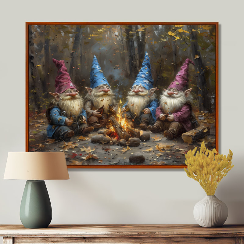 Gnome d'automne bleu et bleu - salon d'art mural gnome, Cadre flottant brun, bois massif, H 24 po x l 32 po