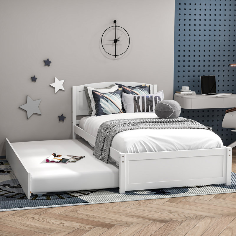 Lit plateforme simple en bois massif avec lit gigogne, Blanc