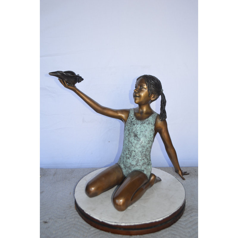 Bronze Sitting Girl Holding Shell Fountain