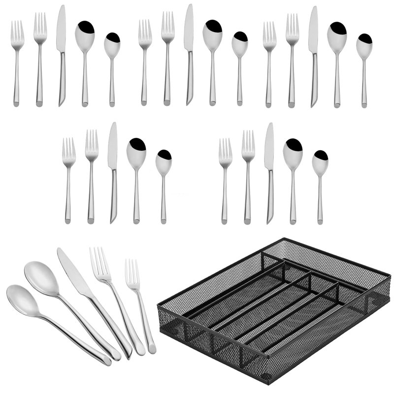 Ensemble de couverts 30 pièces en acier inoxydable avec poignées Creative Slant Cut et rangement en métal à 6 compartiments, va au lave-vaisselle pour la maison, le restaurant et plus encore
