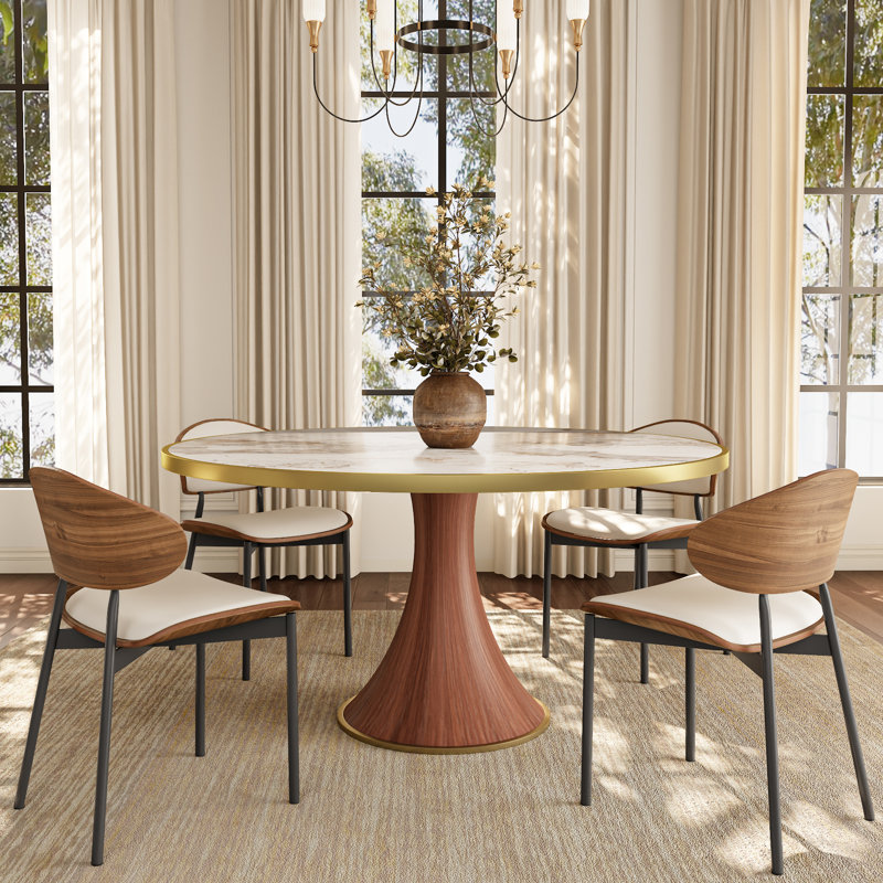 Luxury Thicken Stone Gold Trim Analia Round Solid Wood Base Kitchen Room Table For 2-8 People, Cloud Atlas