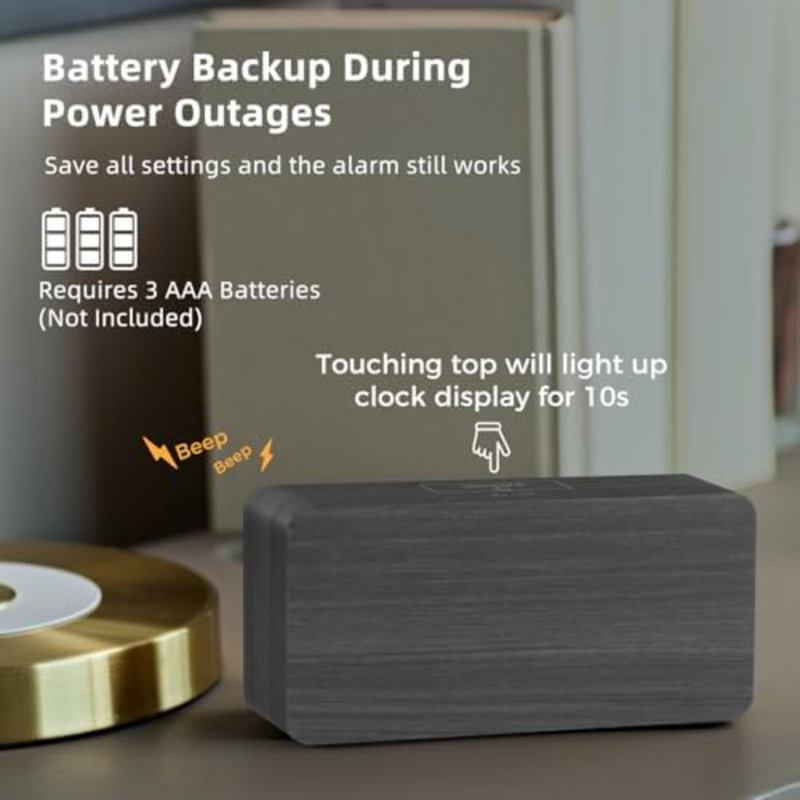 Réveils numériques en bois pour chambre à coucher avec affichage à intensité variable de 0 à 100%, Grey/Blue