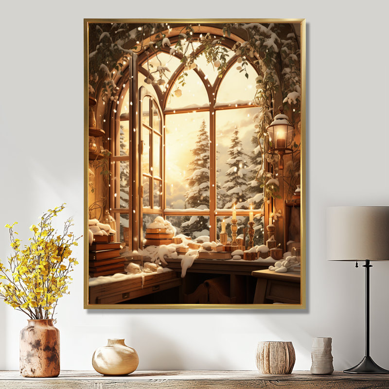 «Christmas Winter Window View I - Winter Landscape», impressions sur toile, Cadre flottant doré, H 20 po x l 12 po x P 1 po