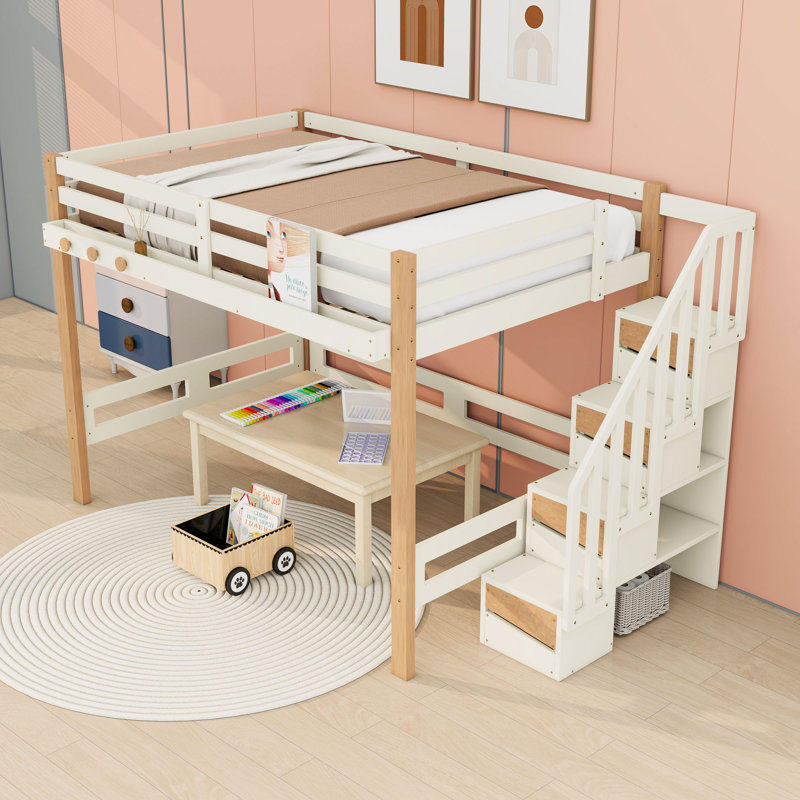 Lit mezzanine en bois avec tablettes, crochets et escalier de rangement, Full