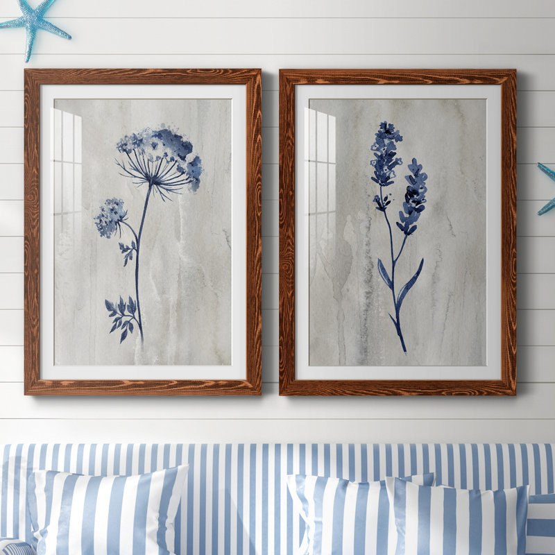 «Indigo Botanical I», ensemble de 2 reproductions d'impressions, Impression encadrée avec passe-partout, Érable