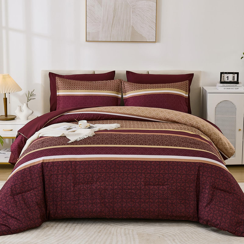 Ensemble d'édredon 7 pièces à patchwork rayé - Literie douce en microfibre légère toutes saisons